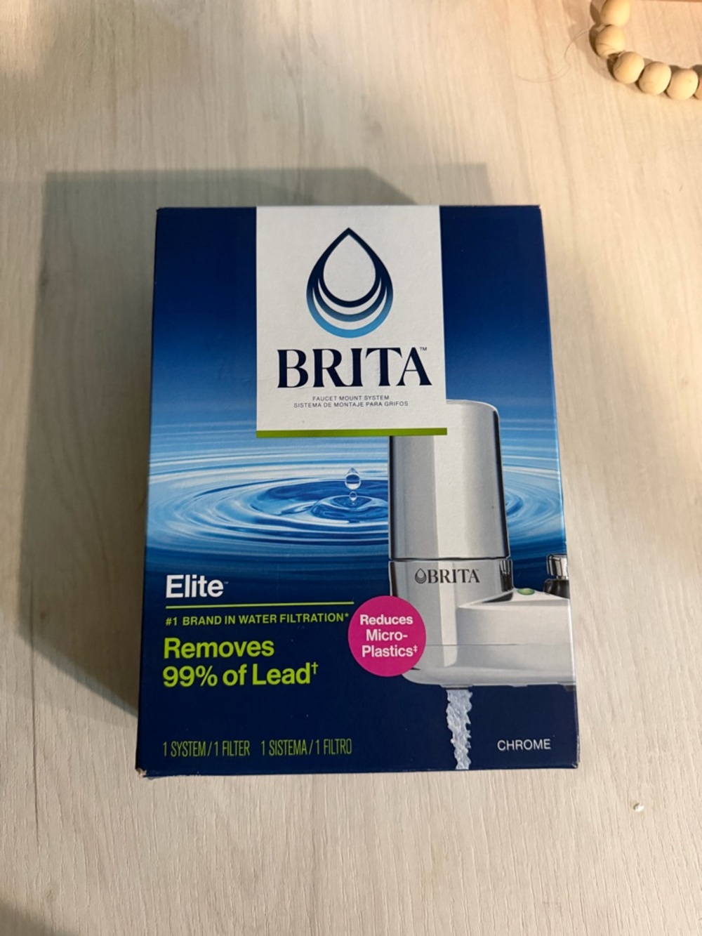 Brita Elite Faucet Filter in Chrome and Blue Packaging